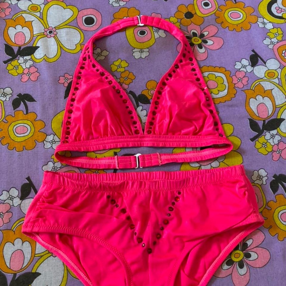 Rare 80s Maidenform Vintage Hot pink stud swim suit bikini size XS 3 best fit